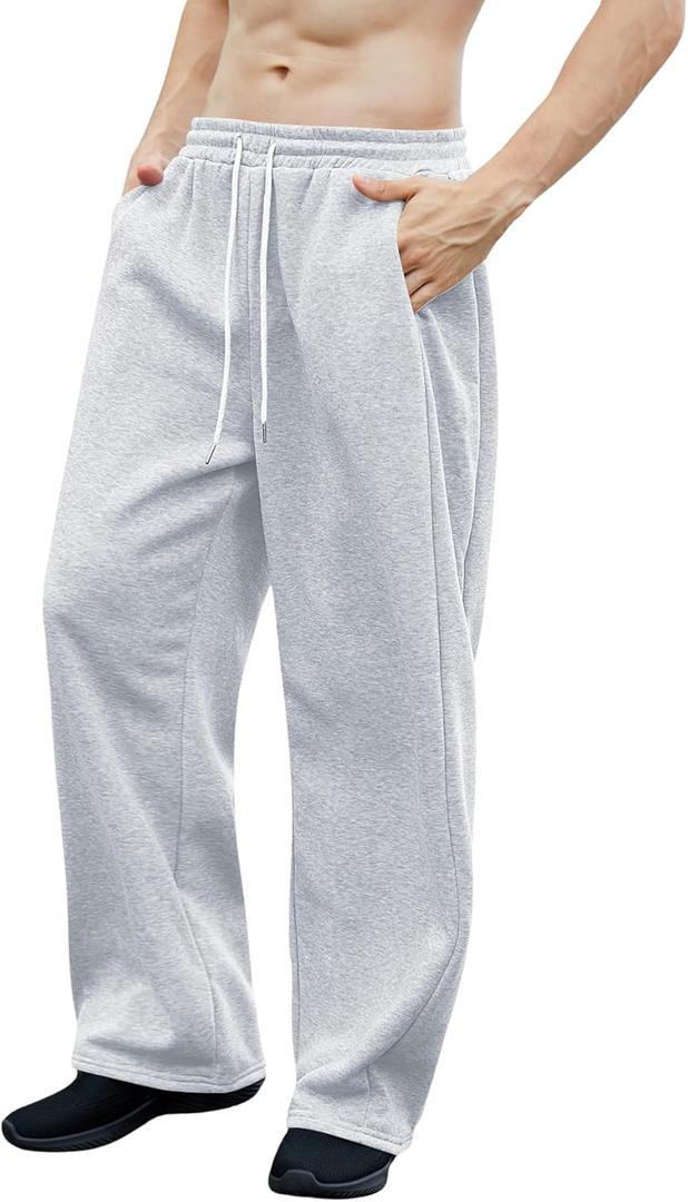 OYOANGLE Men's Drawstring Waist Straight Wide Leg Baggy Pants Workout Athletic Sweatpants with Pocket (Medium, Light Grey)