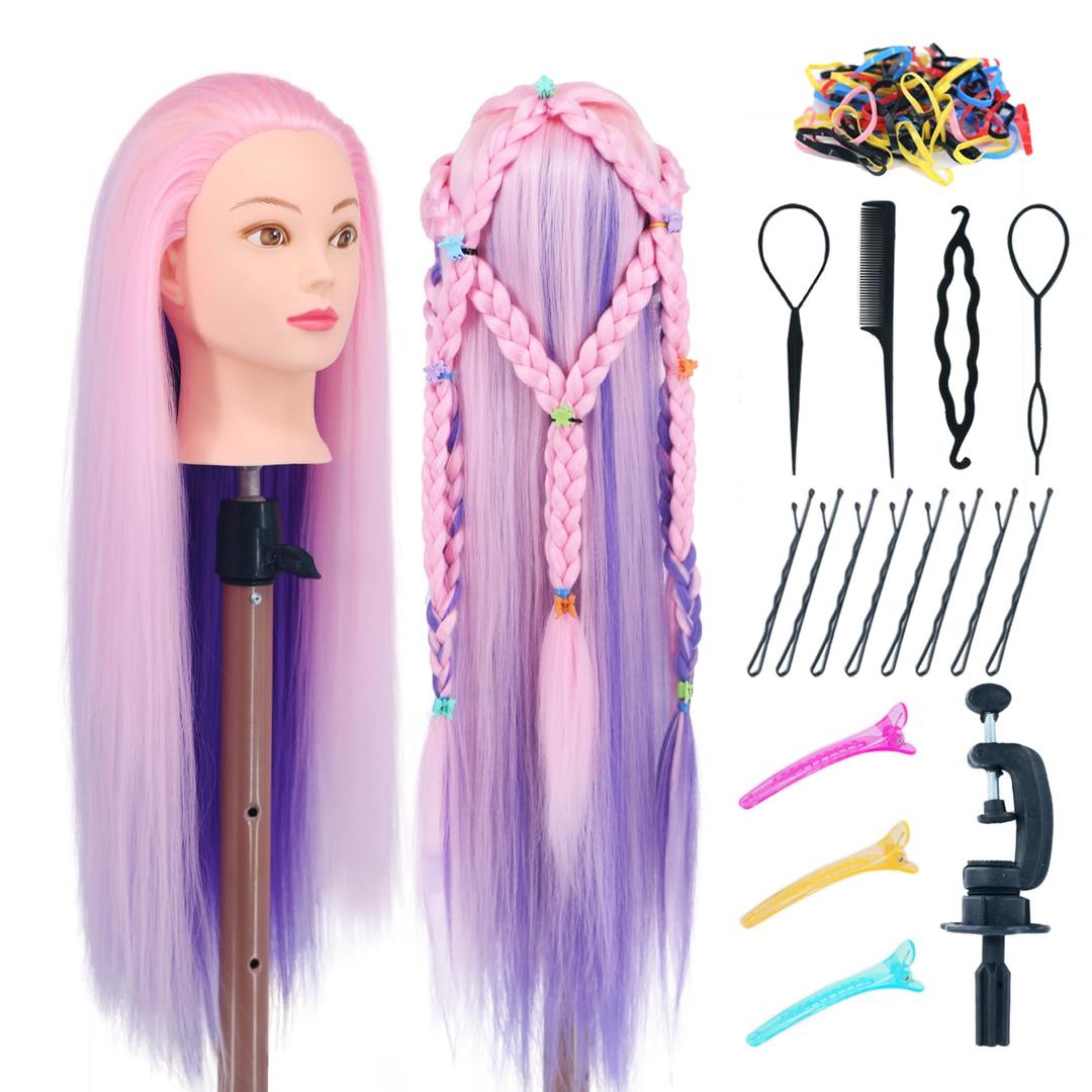 Mannequin Head with Hair, 29'' Doll Head for Hair Styling Training Head Manikin Practice Cosmetology Doll Head Styling Hairdressing Training Braiding Heads with Clamp Holder (Pink Purple)