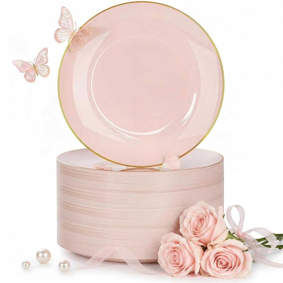 Nervure 100Pieces Pink and Gold Plastic Plates - 7.5inch Disposable Pink Salad/Dessert Plates - Heavy Duty Plastic Plate Ideal for Wedding & Party & Mother's Day