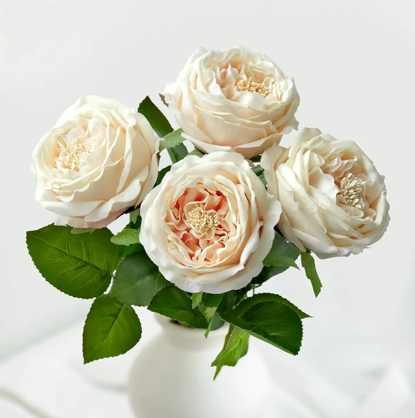 YalzoneMet 3.5'' Big Bloom Champagne Rose Artificial Flowers 4Pcs Real Touch Rose Faux 17.7Inch Long Stem Austen Roses Peonies Fake Flowers for Boho Home Kitchen Party Spring Flower Wedding Decor