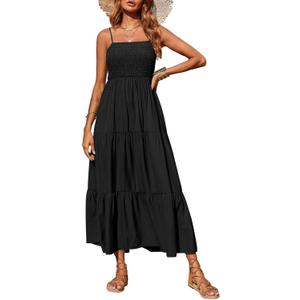 PRETTYGARDEN Women's Summer Maxi Dress 2025 Casual Boho Sleeveless Spaghetti Strap Smocked Tiered Long Beach Sundresses (Black,S)