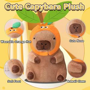 Cute Capybara Plush Soft Stuffed Animal with Orange Hat Kawaii Plushies Hugging Gifts for Kids Boys Girls 12 inch (Capybara Doll Pillow)