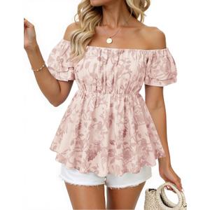 Women's Off Shoulder Boho Floral Blouse Short Sleeve Flowy Dressy Casual Top (L)