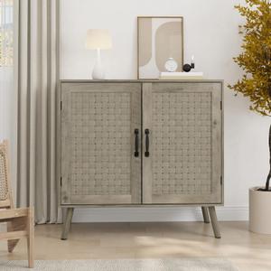 Smuxee Wood Sideboard, Freestanding Buffet Cabinet with 2 PVC Rattan Doors, Storage Cabinet with Adjustable Shelf for Living Room, Entryway, Hallway (Wash Grey)