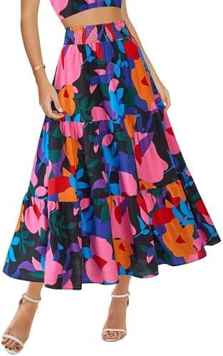 BTFBM Skirts for Women Summer 2026 Floral Print A Line Elastic High Waist Boho Maxi Skirt Spring Fashion Clothing Pocket L