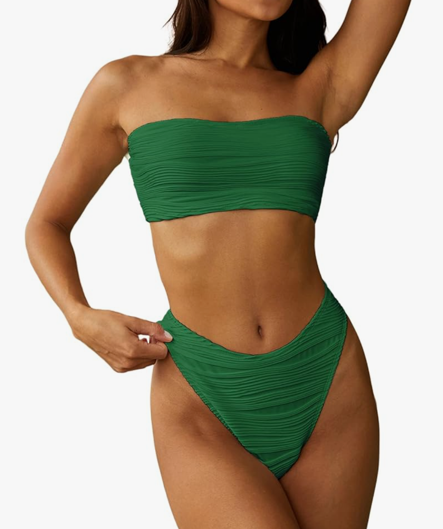 ZAFUL Women Strapless Textured Bandeau Bikini 2 Piece Swimwear Cheeky Solid Lace up Bathing Suits M