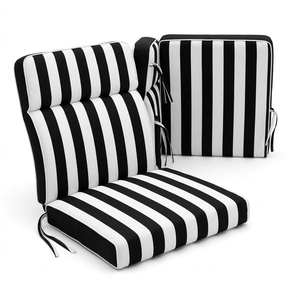 Outdoor Deep Seat Chair Cushion Set – Black and White Striped Patio Seat & Back Cushion Combo with Attached Ties for Patio Chairs, Furniture & Loungers, 20" W × 20" D