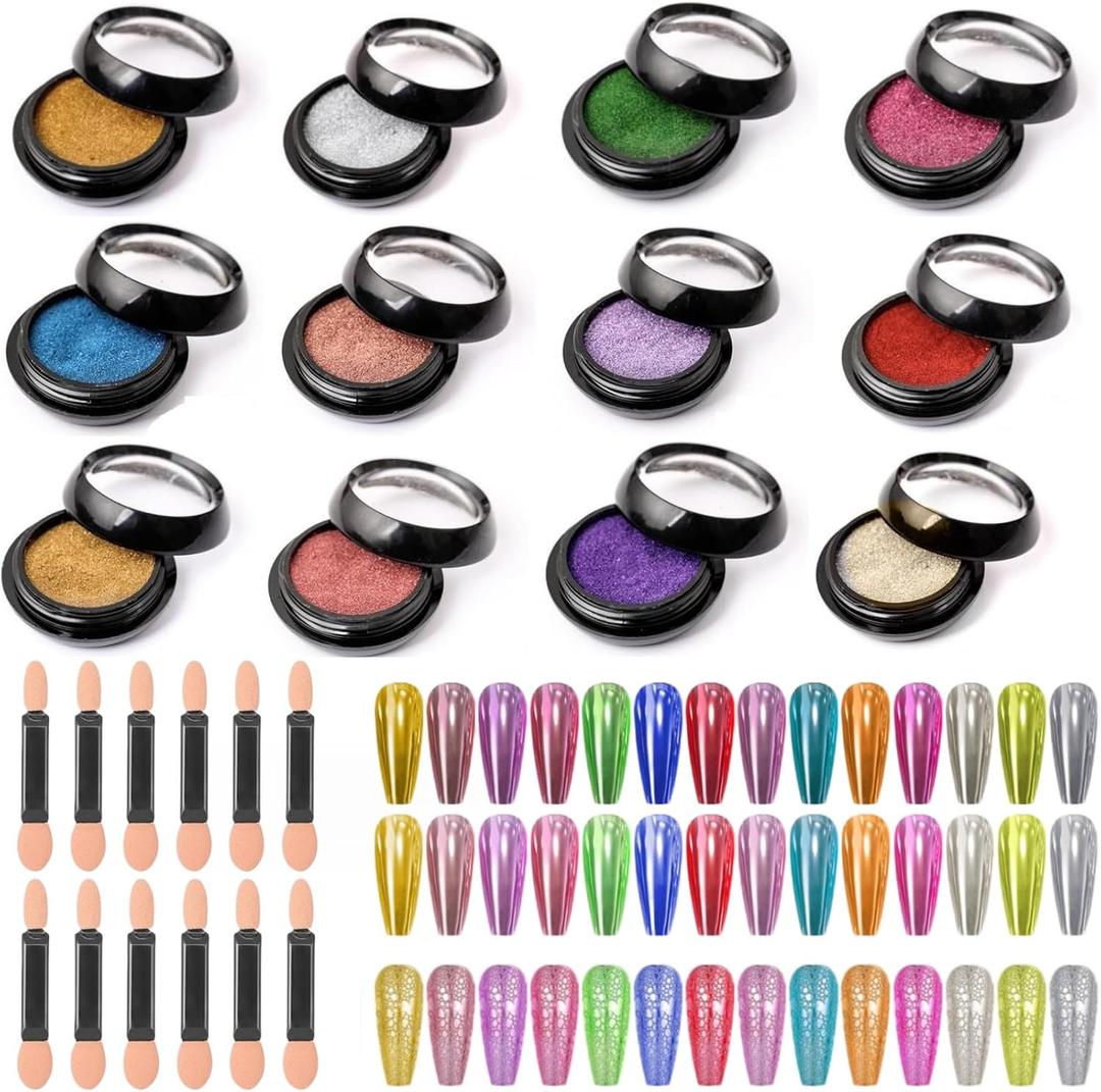 Chrome Nail Powder, 12 Colors Metallic Mirror Powder Gold Silver Blue Purple Red Pink Brown Nail Art Decoration Glitter for DIY Nail Supplies, 1g/Jar, 12 Sponge Sticks