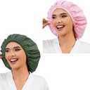 2 Pack Shower Caps for Women, Reusable Waterproof Shower Cap with Elastic Band, Thickened Waterproof Fabric Shower Bonnet for Braids, Long Hair (Pink and Green)
