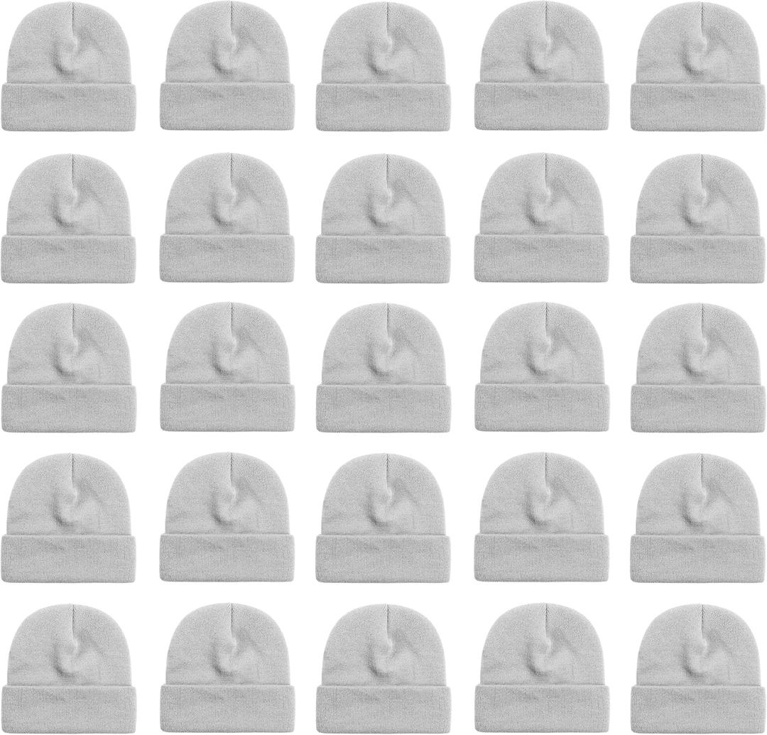 25 Pack Winter Beanie Hats, Unisex Thermal Toboggan Cold Weather Cuffed Caps Bulk Bundle (One Size, Gray)