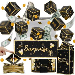 Birthday Surprise Gift Box Explosion for Money, Exploding Money Gift Box for Cash Pop up Birthday Money Explosion Box Surprise Party Gift 12 Folding Bounce Boxes for Men Women Kids, Black Gold