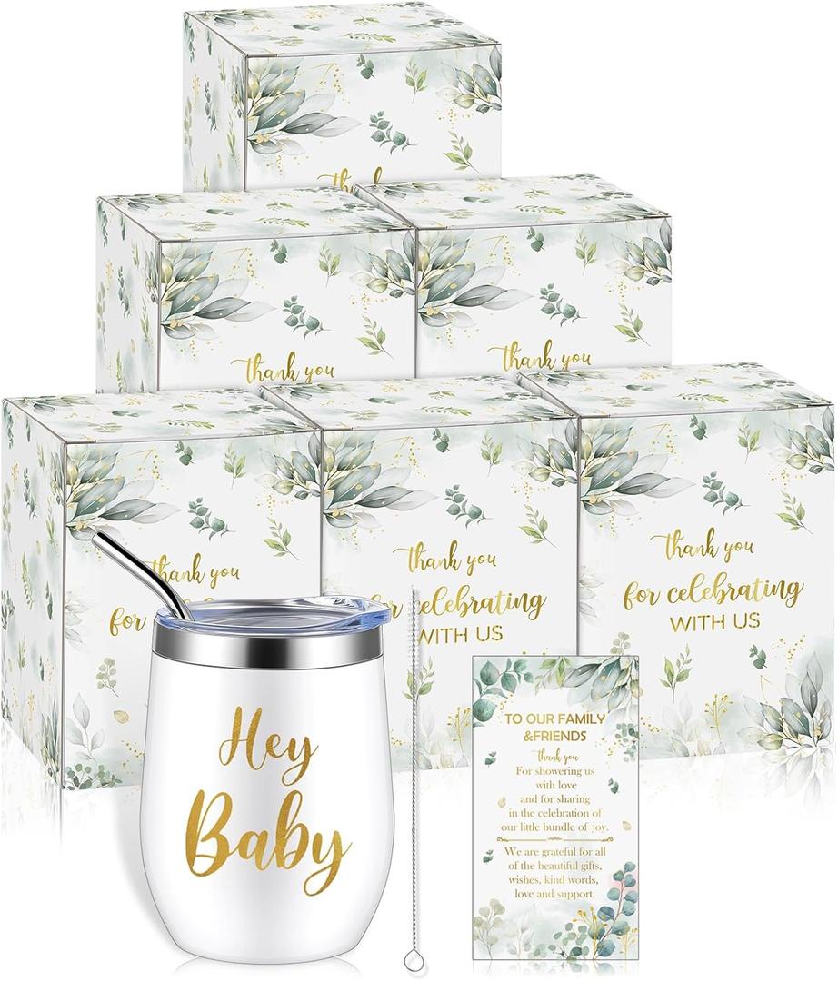 Hoolerry 6 Set Baby Shower Game Prizes for Guests Winners 12 oz Insulated Stainless Steel Tumbler Cup with Lids, Straws, Cleaning Brush, Cards & Boxes Return Gifts(White Green,Greenery)