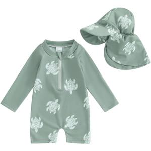 Hnyenmcko Baby/Toddler Boy Rash Guard Swimsuit Long Sleeve One Piece Zipper Swimwear Sunsuit Infant Bathing Suit Beachwear (6-12 Months, Turtle-green)