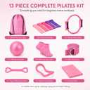 Pilates Kit for Women, 13 Piece Home Workout Starter Set with 14 Inch Ring, Mini Ball, 5 Resistance Bands, Yoga Socks, Stretch Strap and Carry Bag for Core Strength, Toning, Flexibility