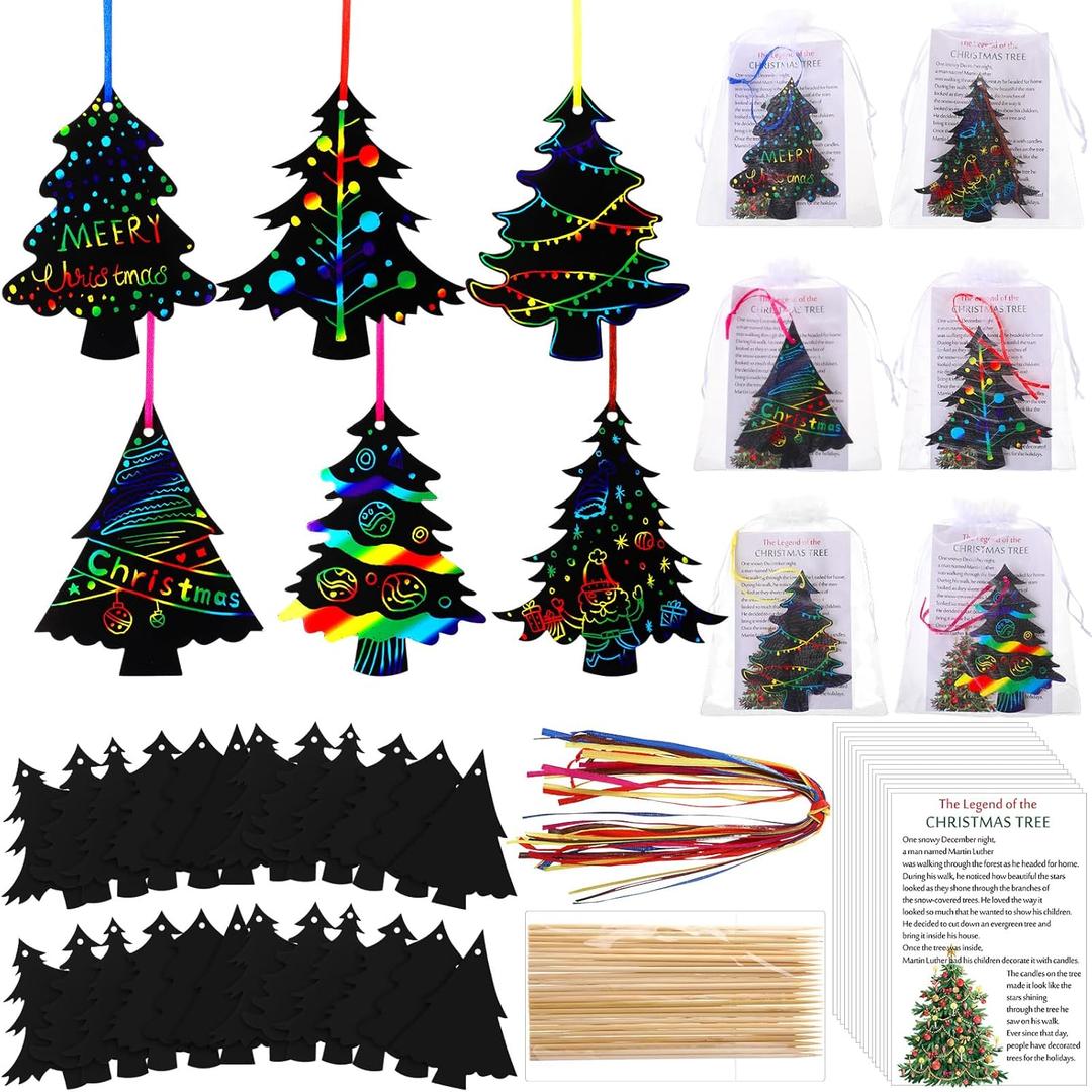Motipuns 24 Sets Christmas Scratch Off Cards Bulk Rainbow Christmas Tree Paper Scratch Art Craft Ornaments with Legend Cards Bags for Adults Xmas Christian Gifts Party