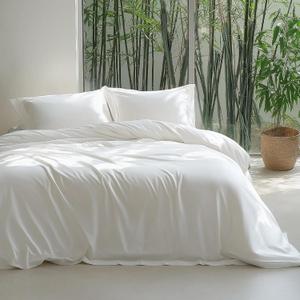 Bedsure Pure White Duvet Cover Queen Size - Rayon Derived from Bamboo Cooling Duvet Cover Set, 3-Piece Set with Zipper Closure (90"x90") and 2 Pillow Shams, Comforter Not Included
