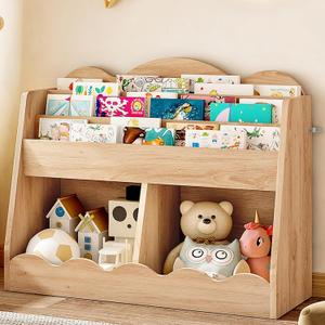 CHOEZON Kids Bookshelf and Toy Storage, Children's Bookcase with 2 Toy Cubes, Toddler Book Shelf for Kids Room, Wooden Book Organizer, for Playroom, Nursery, Living Room, Natural MCW15NL