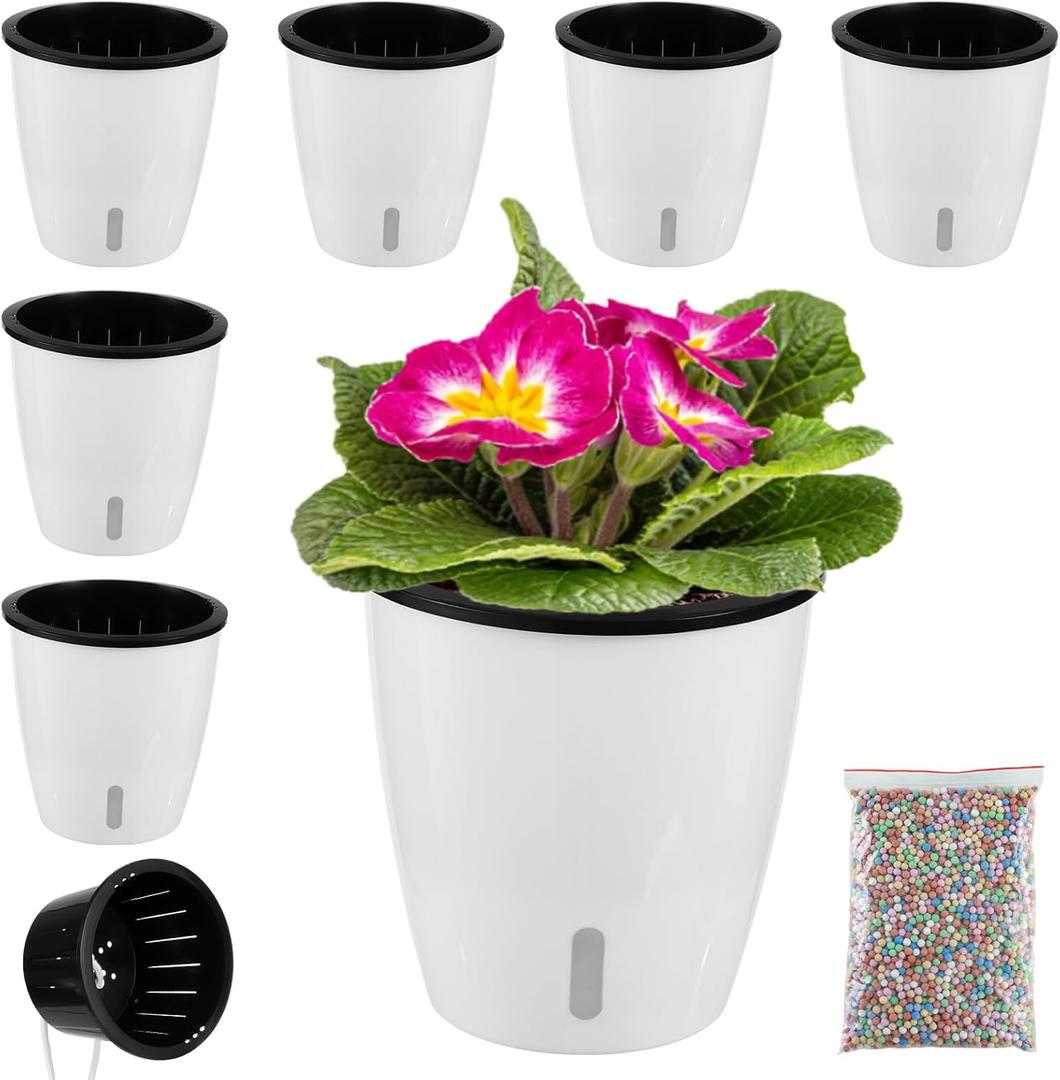 Planterhoma 5 Inch Self Watering Pots for Indoor Plants, 6 Packs African Violet Pots with Indicator, Black Wick Pot with Drainage Holes, Self Watering Planters for Orchid, Devil's Ivy, White (5 Inch/6 Pack, Glossy White)