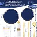KIRE 350Pcs Blue and Gold Plates -Heavy Duty Navy Blue Dinnerware Set - 100 Plastic Plates 50 Pre Rolled Napkins with Gold Plastic Silverware 50 Cups for Birthday/Wedding/Party/Graduation/Memorial Day