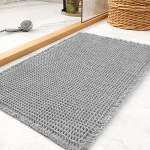 tchdio Waffle Bath Mat Rug, Super Absorbent Non Slip Bath Mats for Bathroom Mat Ultra Soft Bathmat Machine Washable Bathroom Rugs with Tassels, Bath Rugs Beside Tub, 18" x 30" (1'6" x 2'6" (Rectangular), Light Grey)