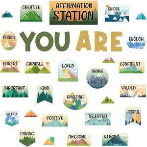 33 Pcs Affirmation Station Bulletin Board Set Adventure Camping Motivational Poster Inspirational Decoration Positive Accents Cutouts for School Office Bulletin Board Supplies