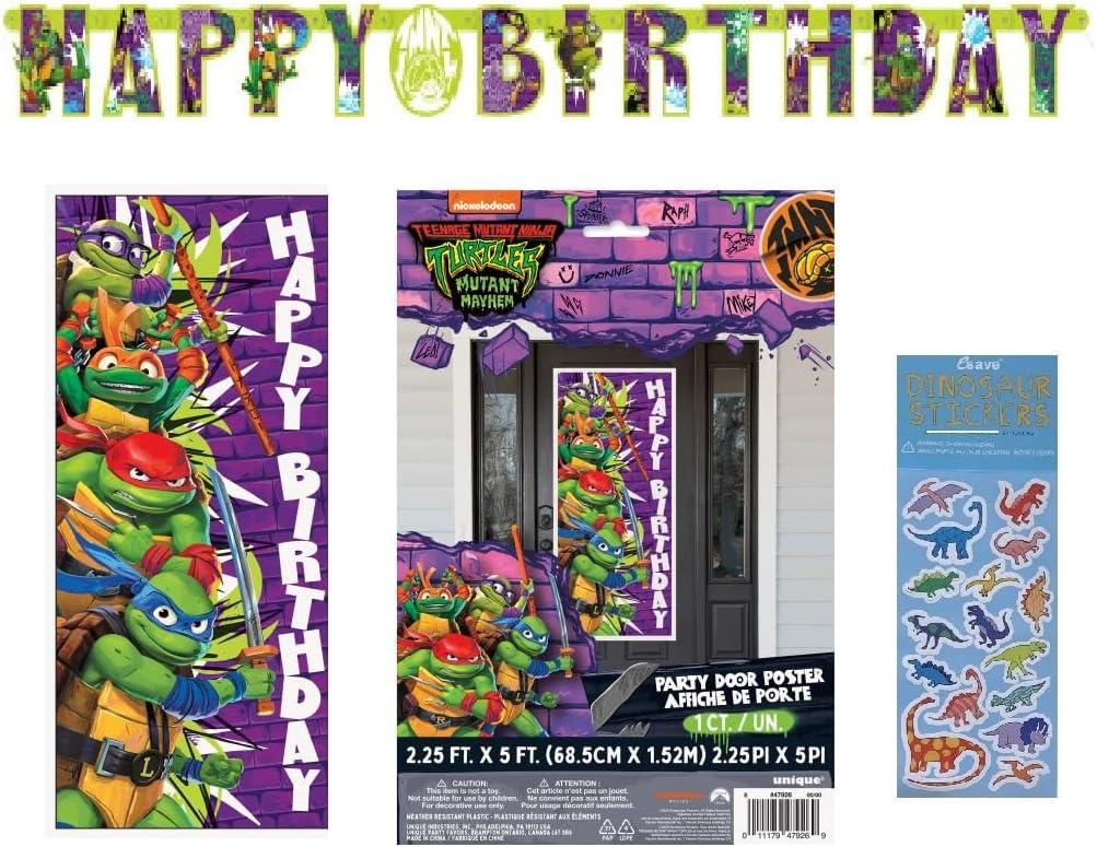 TMNT Teenage Mutant Ninja Turtles Birthday Party Supplies Bundle includes 1 Party Door Poster, 1 Happy Birthday Banner, 1 Dinosaur Sticker Sheet