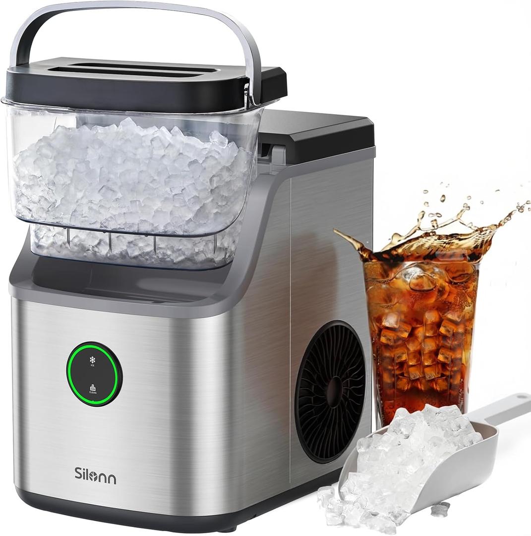 Silonn Nugget Ice Maker Countertop, Ice Basket with Handle, Quiet Operation & Self Cleaning Ice Machine, Chewable Ice, 33 lbs/ 24H, Portable Pellet Ice Maker with Scoop for Home, Kitchen and Office