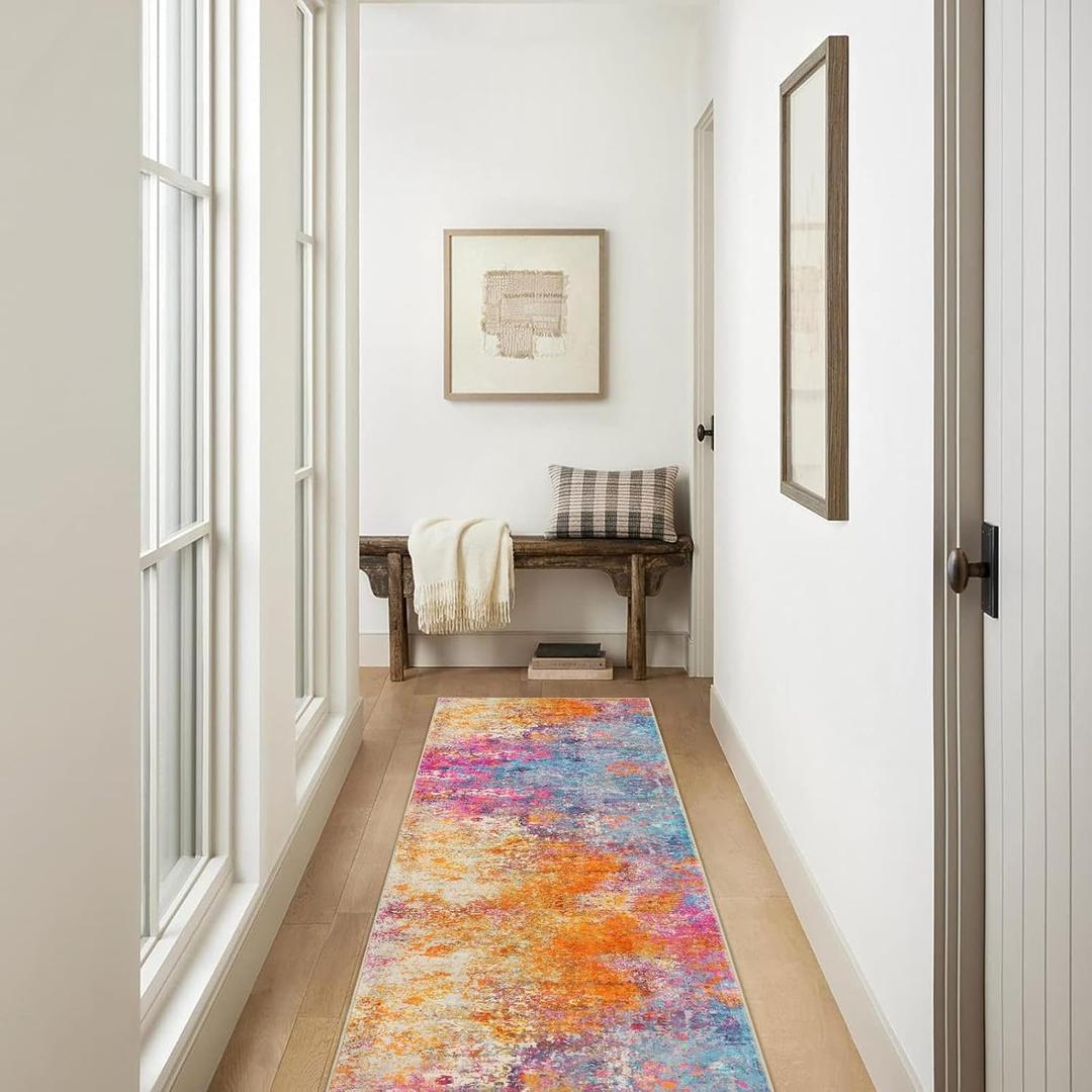 Lahome Modern Abstract Runner Rugs with Rubber Backing - 2x8 Colorful Rug Runners for Hallways Non Slip Washable Carpet Runner, Rainbow Soft Non Skid Indoor Long Runner for Bedroom Kitchen (2' x 8', Galaxy)