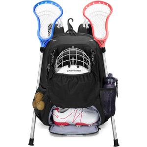 Goburos Lacrosse Equipment Backpack with Stick Holder & Hidden Zipper Net, Separate Ventilated Shoe Space, Holds All Lacrosse or Field Hockey Gears, Up to US Mens 13 (Black)