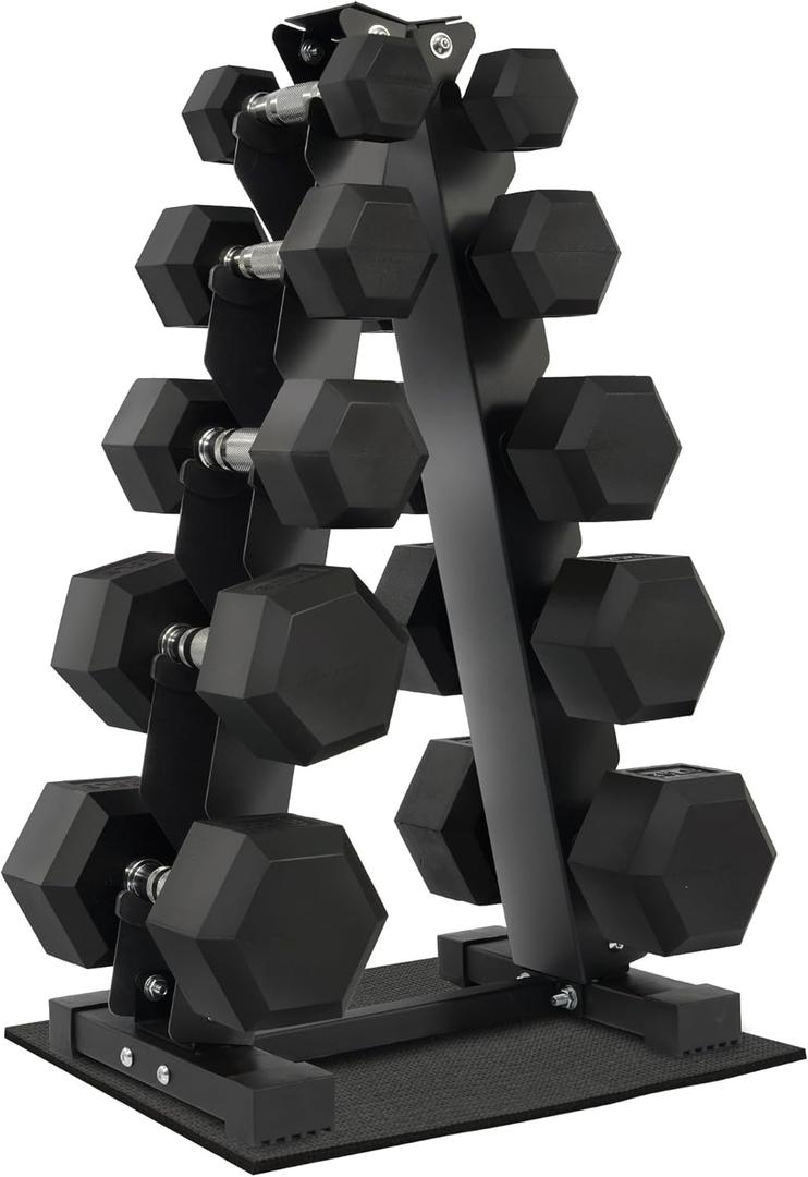 Fitvids Rubber Coated Hex Dumbbell Weight Set and Rack Dumbbell + A-Rack: 150lbs (5-25lbs Pairs) Black