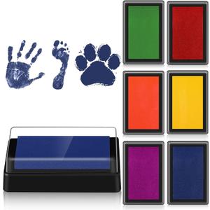 Outus 6 Pieces Small Reusable Ink Pad for Baby Footprint Handprint Paw Print, Non-toxic Ink Pad, Feet and Hands Stamp for Boys and Girls Christmas New Year, 6 Colors(Bright Color)