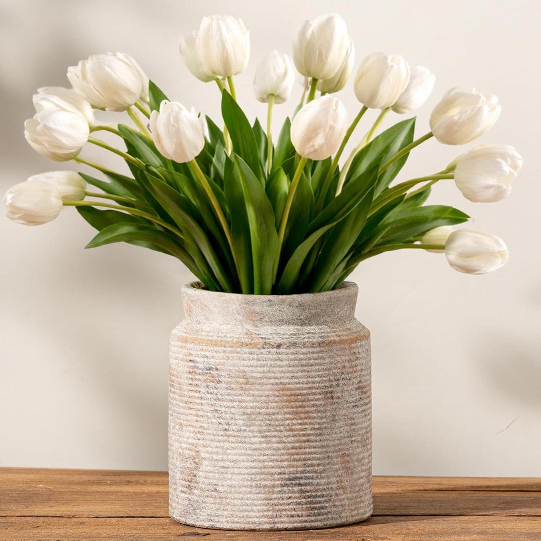 Ceramic Flower Vase 7.5 inch Farmhouse Rustic Vase for Home Decor Handcrafted Pottery Terracotta Vases for Dining Table Decor Fireplace Living Room Bathroom Wedding Centerpiece (M-Terracotta)
