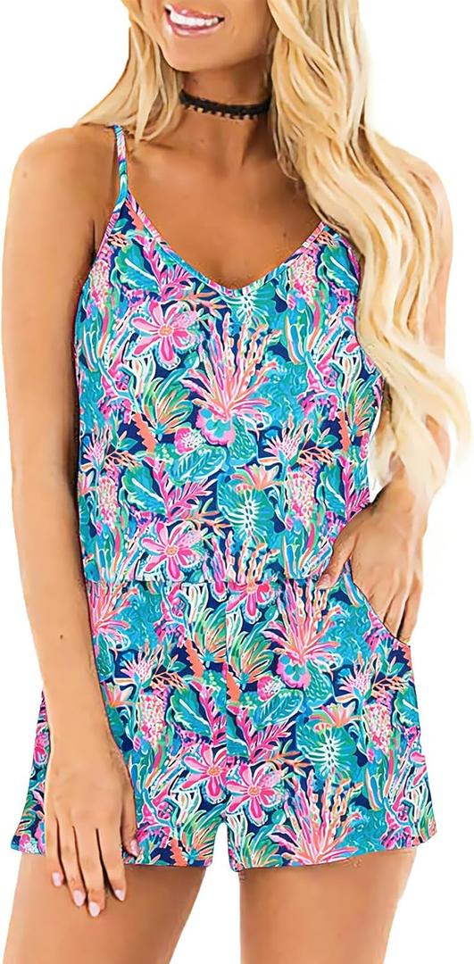 RAISEVERN Womens Romper Summer Casual Short Jumpsuit Adjustable Spaghetti Straps Sleeveless Cami 2025 Rompers with Pockets (XL)
