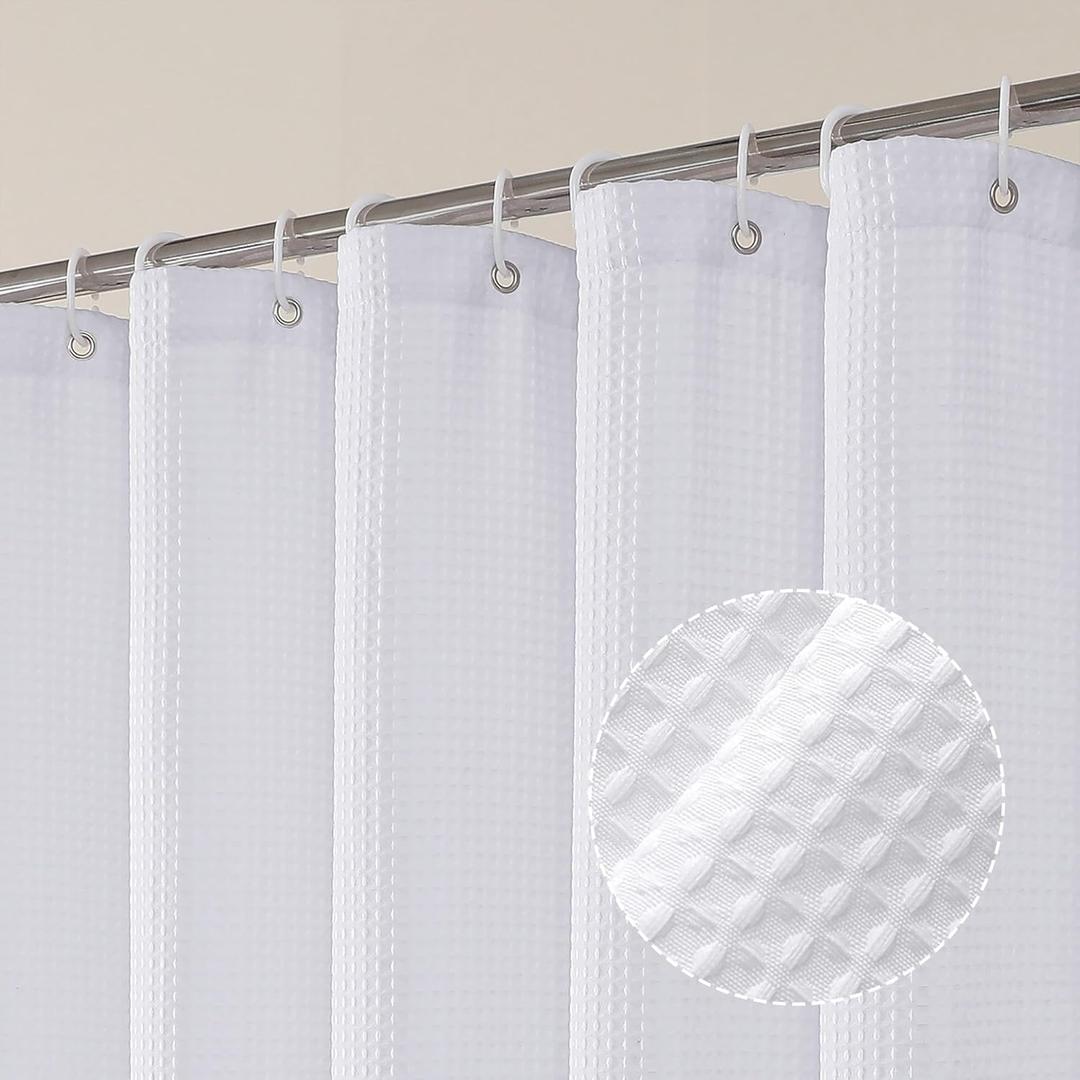 OVZME Extra Long White Shower Curtain Set- 96 Inch Long Waffle Weave Heavy Duty Fabric Shower Curtains for Bathroom, Luxury Heavy Duty Thick Cloth Shower Curtain with 12 Plastic Hooks, 72x96, White
