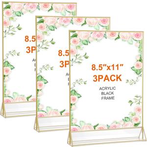 Gold Acrylic Sign Holder 8.5 x 11 Inch, 3 Pcs Double-Sided Picture Frames Sign Stands, Clear Acrylic Table Menu Numbers Display Stand for Wedding Restaurants Home Party