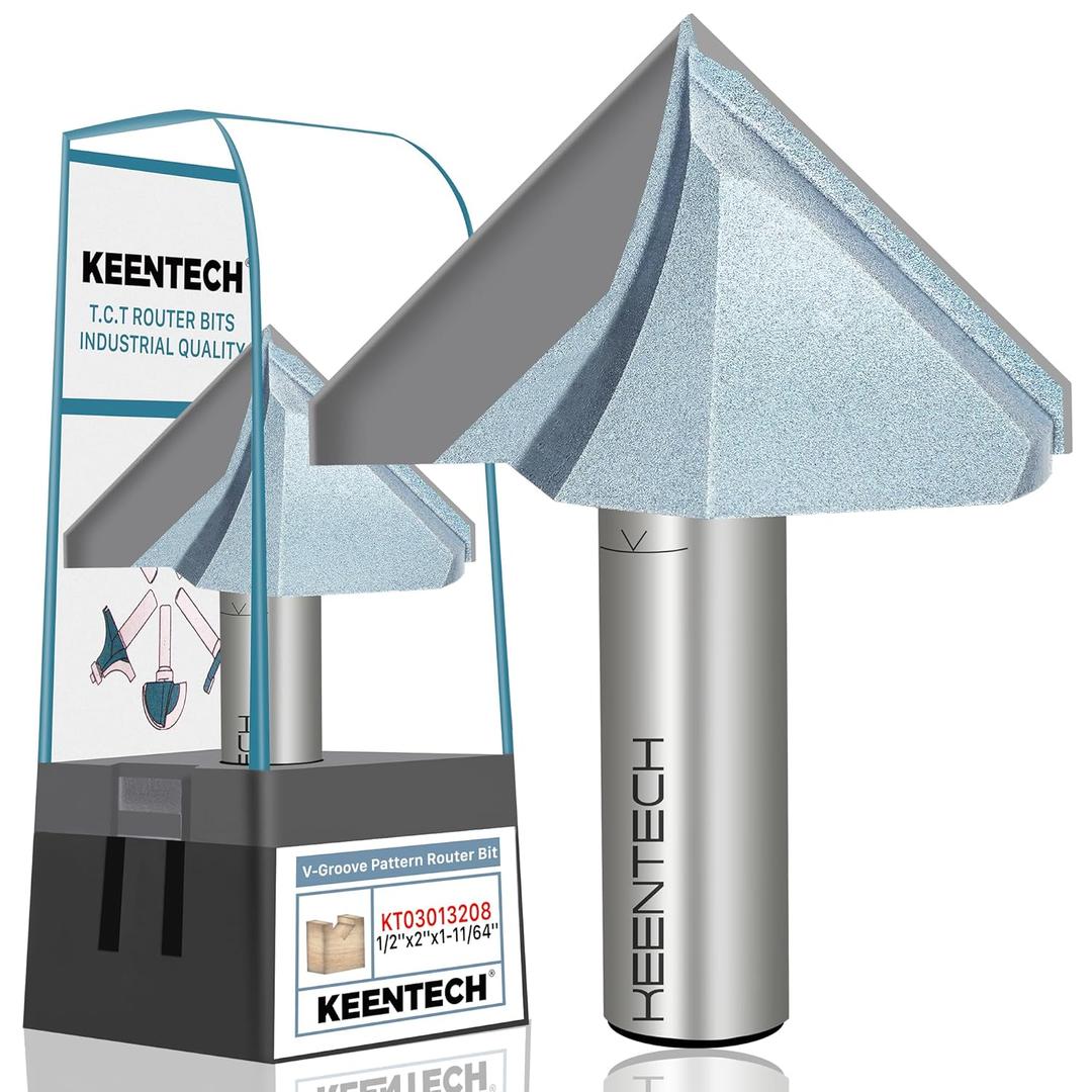 KEENTECH Router Bits, Carbide Tipped 90-Degree V-Groove Router Bit for Grooving, Industrial Grade Cutting Tools for Woodworking (1/2 Inch Shank x 2 Inch Diameter x 1-11/64 Inch Depth, KT03013208)