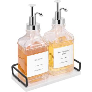 Coffee Syrup Dispenser for Coffee Bar, Clear Glass Syrup Bottles with Pump, Refillable Maple Syrup Storage, Coffee Station Accessories and Organizer, 500ml, Set of 2 + Tray (Chrome Finish)