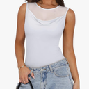 REORIA Women's Crew Round Neck Sleeveless Shirts Sexy Sheer Mesh Top 2025 Trendy Going Out Bodysuits Tops, White, M