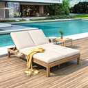 Acacia Wood Outdoor Patio Daybed Sunbed with 5-Position Adjustable Backrest, All Weather Double Chaise Lounge with Cushion and Folding Side Trays for Poolside Garden (Light Teak-3.20)