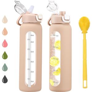 chunmo 32 oz Glass Water Bottles with 2 Lids-Handle Spout Lid & Straw Lid, 1 Liter Motivational Borosilicate Water Bottle with Time Marker and Silicone Sleeve,Leakproof-Amber-1 Pack