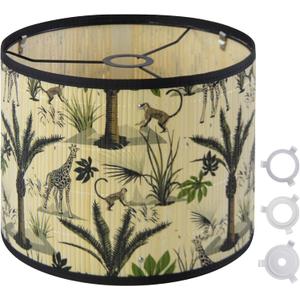 Bamboo Lamp Shade With Tropical Plants Chandelier Covers, Bohemian Farmhouse Drum Lamp Shade for Table Lamp Floor Lamp, Rustic Rattan Light Fixture for Bedroom Living Room (11.8x11.8x9 inch)