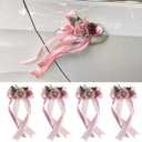 4 PCS Wedding Car Door Handle Decorative Flowers, Pink Artificial Cars Bouquet Flower Bowknot Ribbon Decor, Just Married Automotive Decorations Accessories for Door Handles
