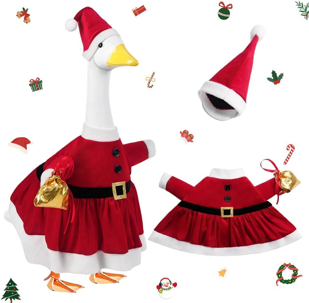 Christmas Porch Goose Outfits for 23" Cement Statue Santa Claus Costume Outfit Dresses Clothes Outdoor Lawn Yard Patio Decor (Red)