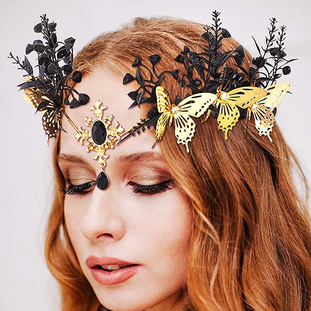 Formery Butterfly Elf Crown Gold Rhinestone Leaf Fairy Headpiece Halloween Gothic Elven Headband Hair Accessory for Women