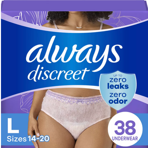 Always Discreet Incontinence & Postpartum Incontinence Underwear for Women, Large, Maximum Protection, 38 Count
