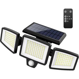 Solar Outdoor Lights 2500LM 210 LED Security Lights with Remote Control,3 Heads Motion Sensor Lights, IP65 Waterproof,270° Wide Angle Flood Wall Lights with 3 Modes(1 Packs)