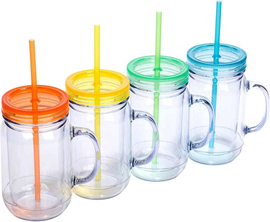 Plastic Mason Jars with Handles, Lids and Straws | 20 oz Double Insulated Tumbler with Straw | 4 Pack Set of 4 | Wide Mouth Mason Jar Mugs | Cups for Kids and Adults, 12 Piece Set