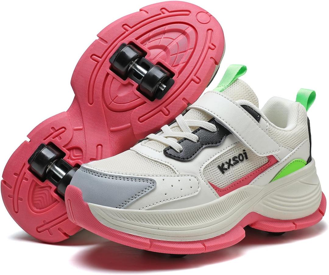 HSQ Roller Skate Shoes with Detachable Wheels for Kids Girls Funy Wheelies Shoes Fashion Wheely Sneakers Black Beige Red Size Little Kid 2