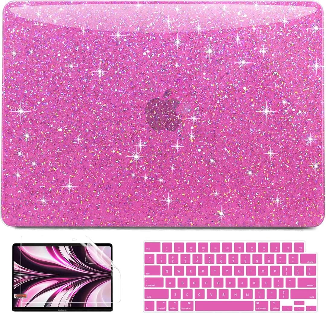 AKIT Compatible with MacBook Air 13 inch Case Sparkly 2025 2024-2022 M4 M3 M2 A3240 A3113 A2681, Glossy Glitter [Anti-Cracking] Hard Shell Laptop Case Cover for MacBook Air 13.6 inch 2025, Hot Pink