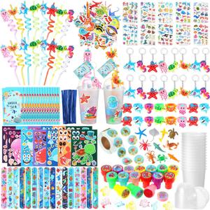 Poen 172 Pcs Under the Sea Party Favors Set Include Cup Straw Stamp Clap Bracelet Keychain Ring Puzzle Sticker Animal Miniature Card for Birthday Party Baby Shower Goody Bag Stuffer
